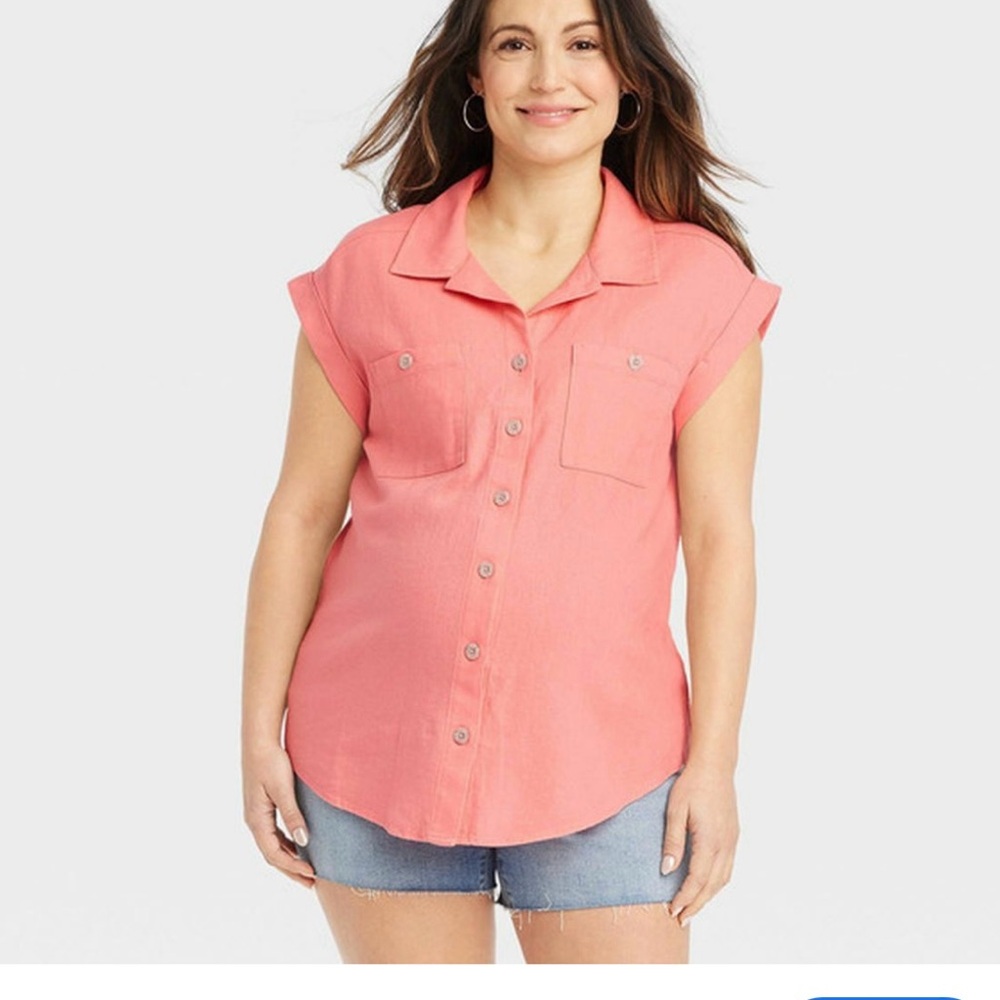 Women’s Isabel Short Sleeve Linen Blend Maternity Button-Up Shirt Size M coral
